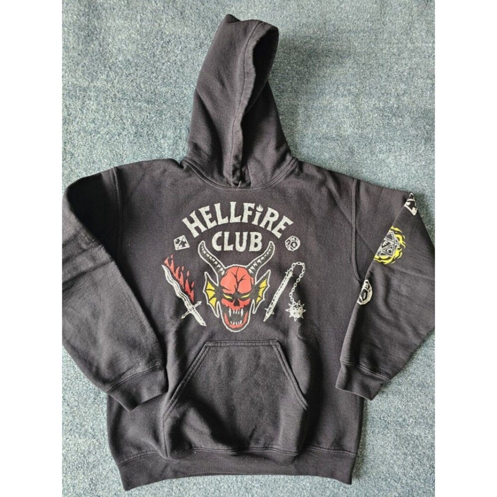 EUC Stranger Things Hellfire Club Graphic Hoodie Black Demon Print Youth Small